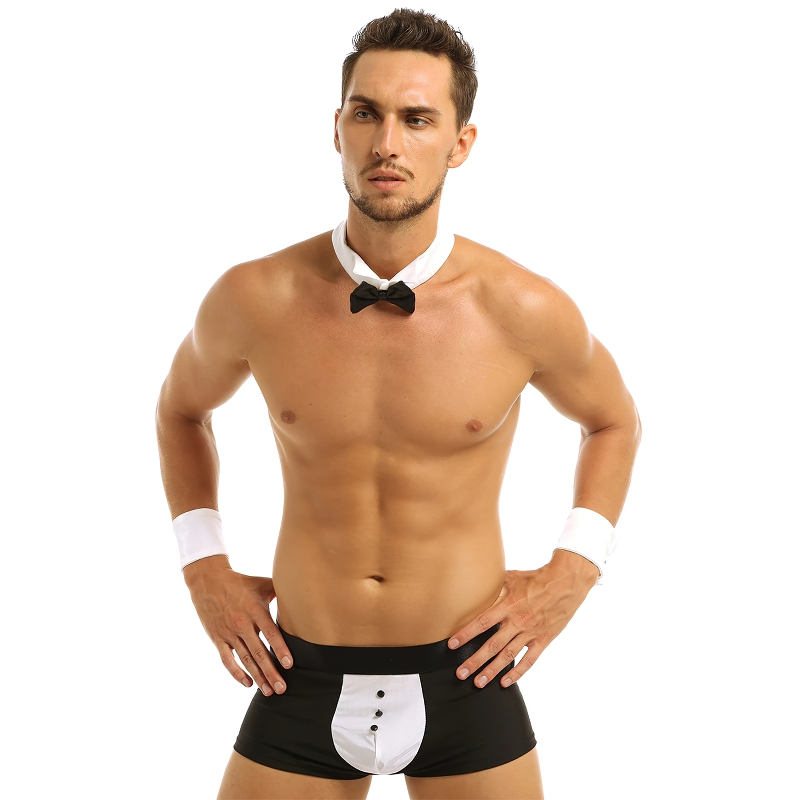 Men's sexy tuxedo roleplay costume, featuring bow tie and boxer underwear for seductive fun.