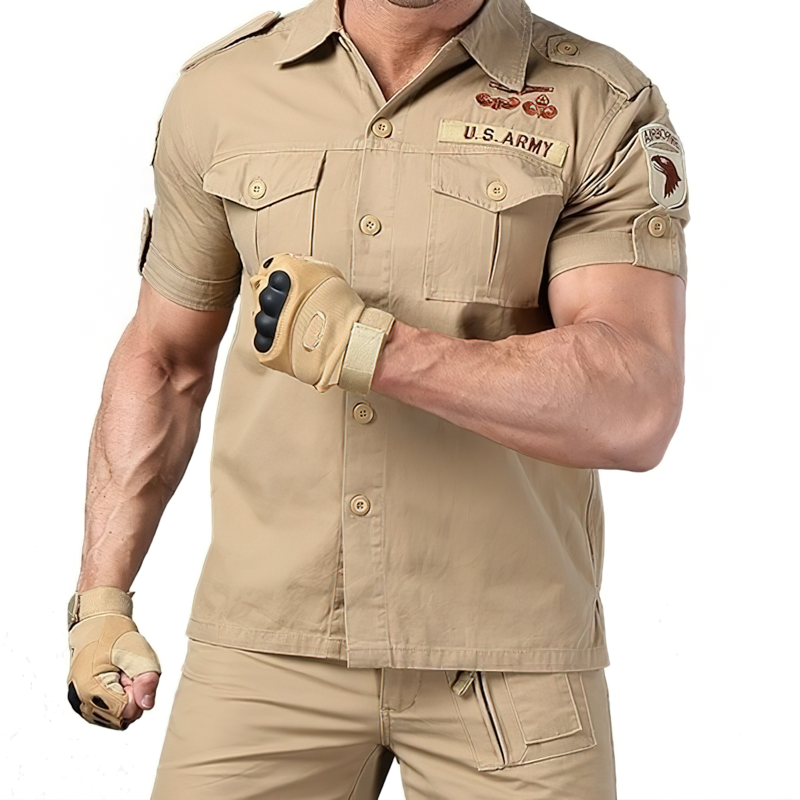 Stylish men's short sleeve military shirt with U.S. Army insignia, perfect for tactical wear and casual outings.