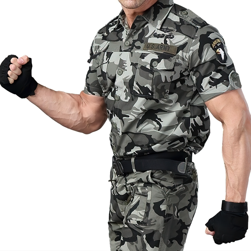 Men's short sleeve military shirt in camouflage pattern, showcasing stylish cut and army design for a trendy look.