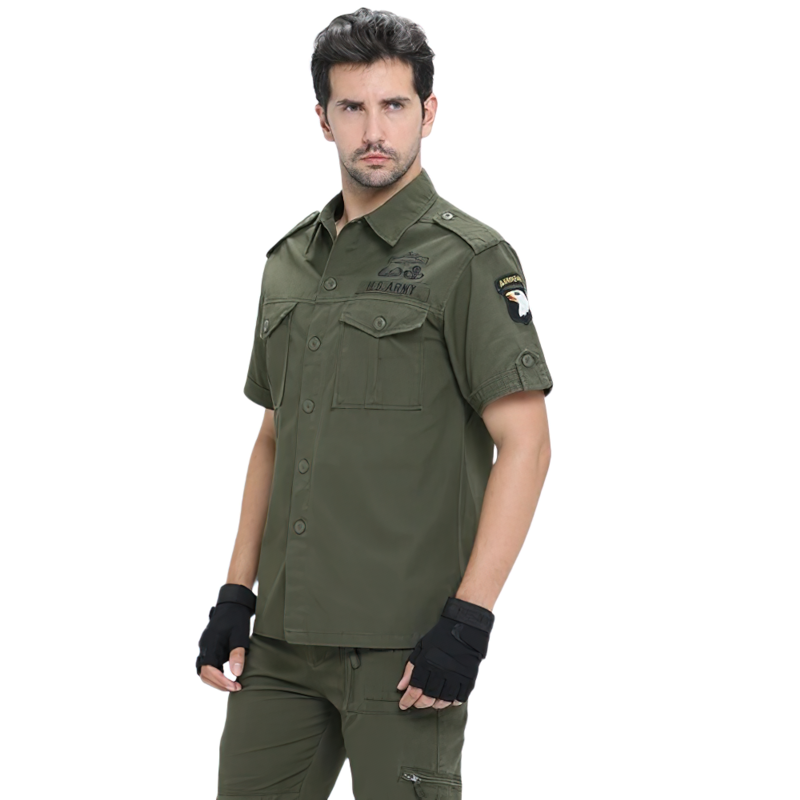 Men's short sleeve military shirt in olive green, featuring pockets and tactical style for a trendy army look.
