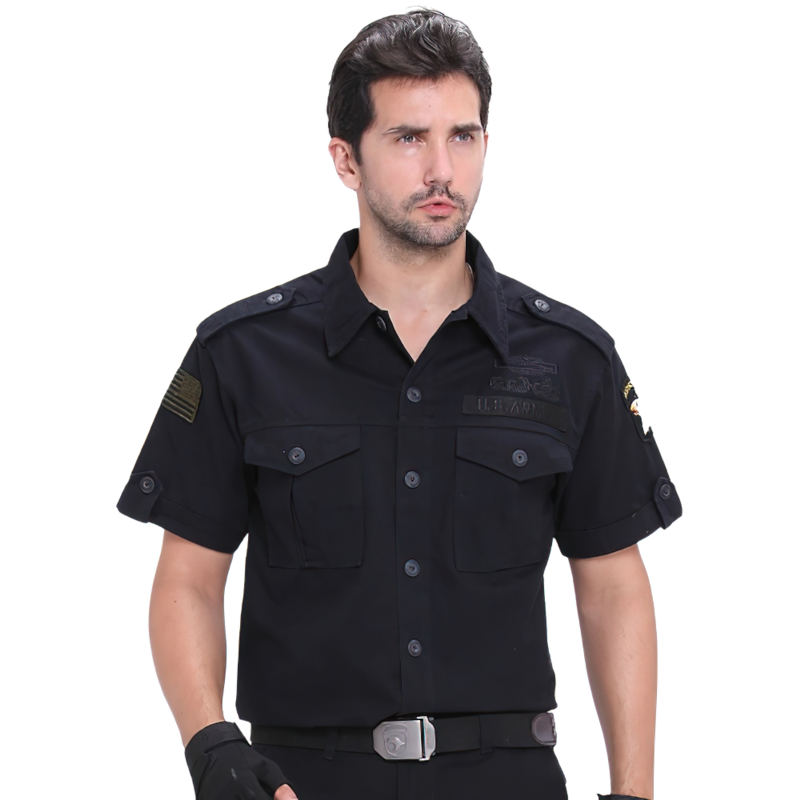 Stylish men's short sleeve military shirt in black, featuring tactical pockets and army patches for a trendy look.