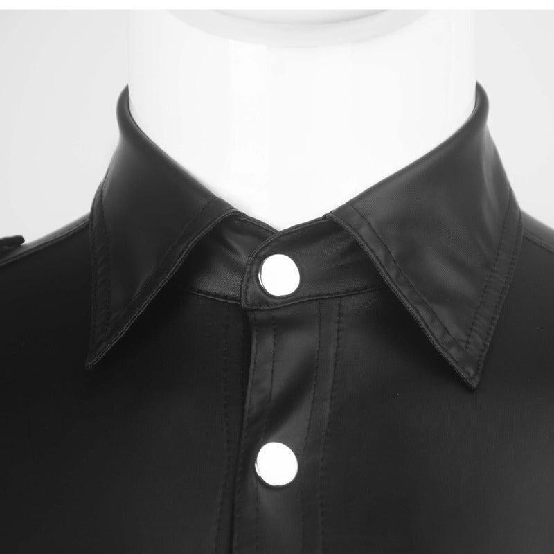 Close-up of a men's short sleeve faux leather shirt with buttons and a sleek collar, perfect for edgy rock styles.