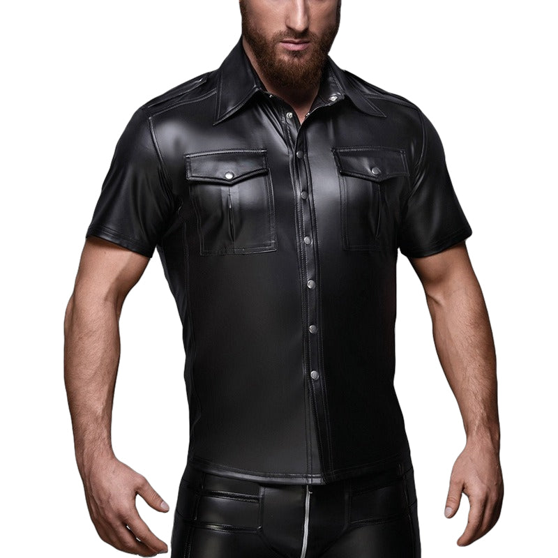 Men's short sleeve black faux leather shirt with pockets and button fastening, perfect for rock or goth outfits.