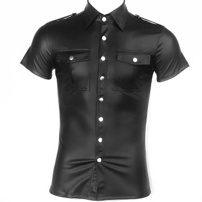 Men's short sleeve faux leather shirt with pockets, edgy Gothic design, perfect for rock concerts and alternative outfits.