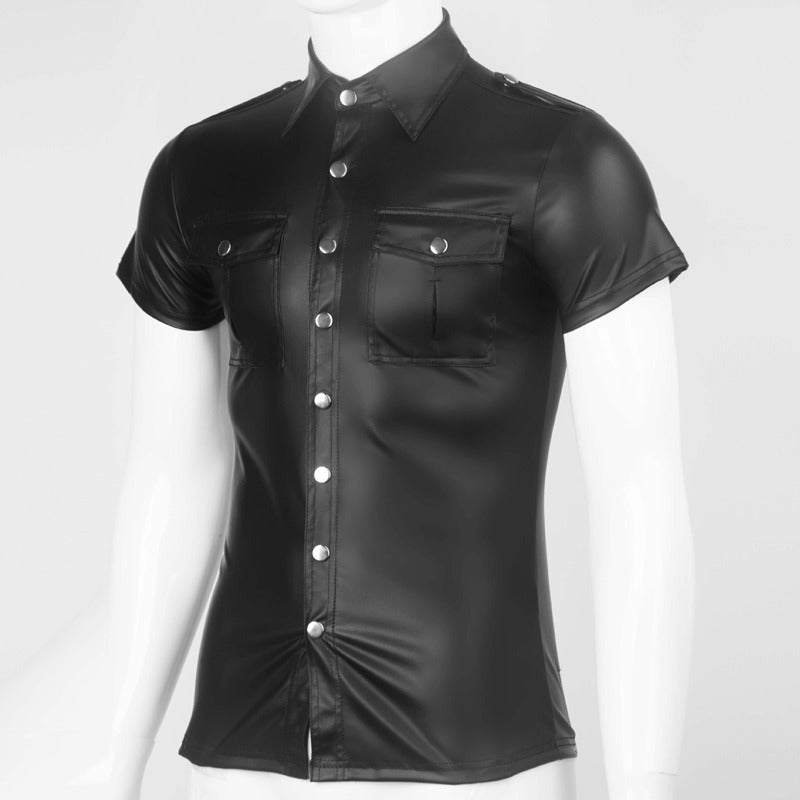 Men's rock style short sleeve faux leather shirt with pockets, perfect for edgy gothic outfits.