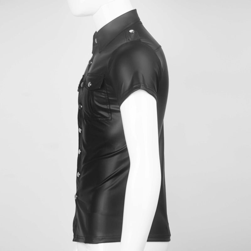 Men's edgy faux leather short sleeve shirt with pockets, perfect for rock and goth styles.