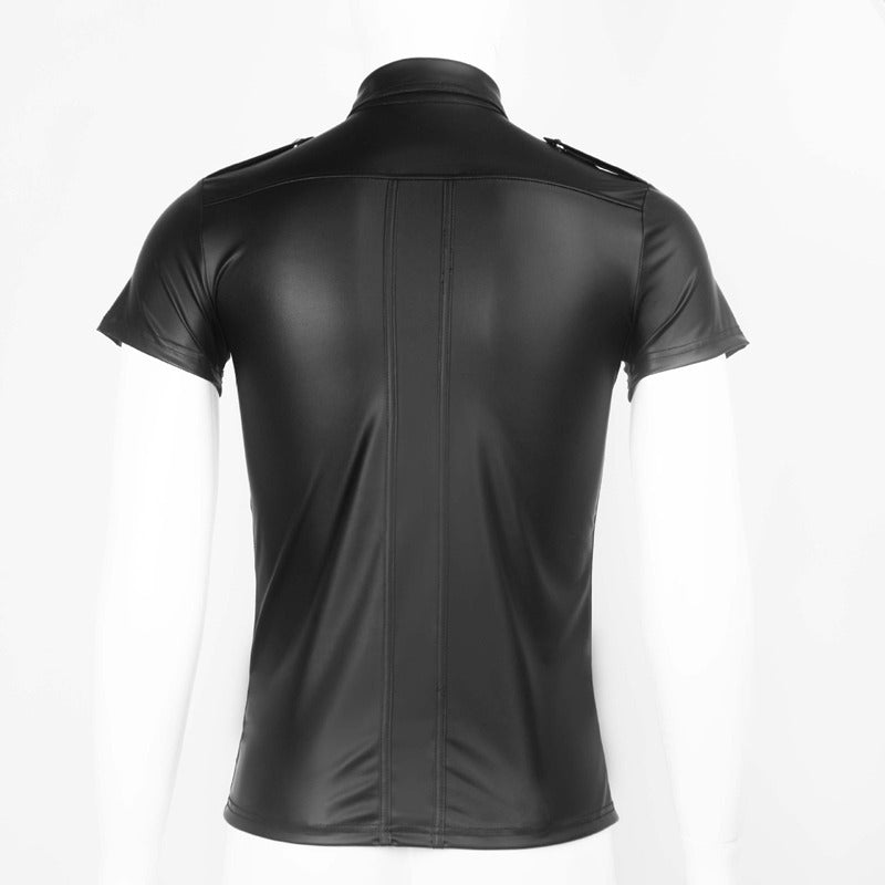 Back view of men's short sleeve faux leather shirt with pockets, ideal for rock and goth outfits.