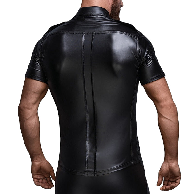 Men's edgy black faux leather short sleeve shirt, perfect for gothic and rock-inspired outfits.