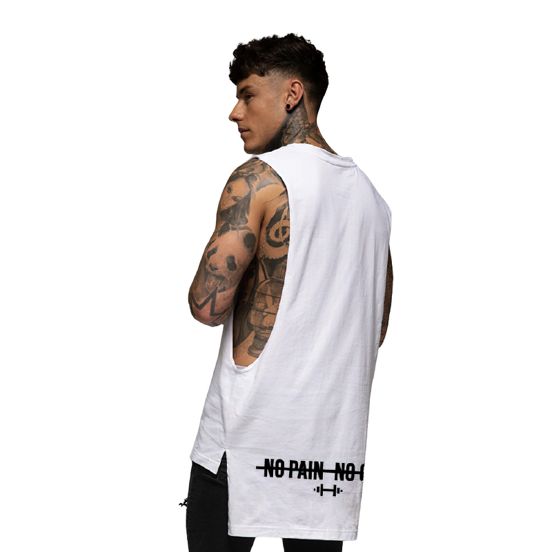 Men's sleeveless tank top in white, featuring a motivational 'No Pain No Gain' slogan, perfect for workouts and bodybuilding.
