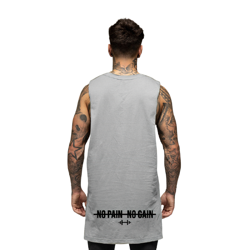 Back view of a man in a grey sleeveless tank top with 'No Pain No Gain' slogan, showcasing muscular build and sporty style.