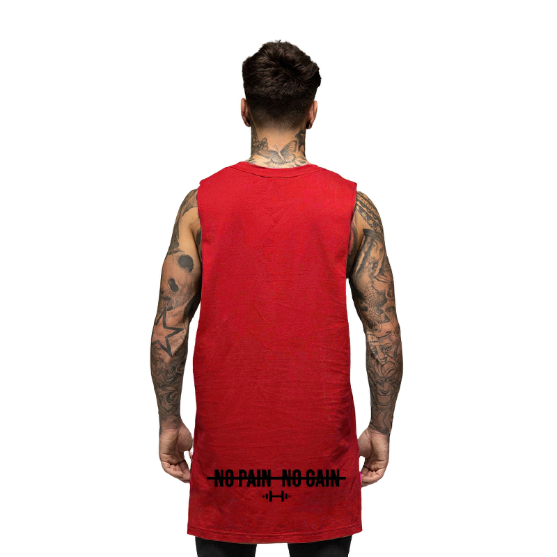 Back view of a man in a red sleeveless tank top with 'No Pain No Gain' slogan, perfect for bodybuilding and workouts.