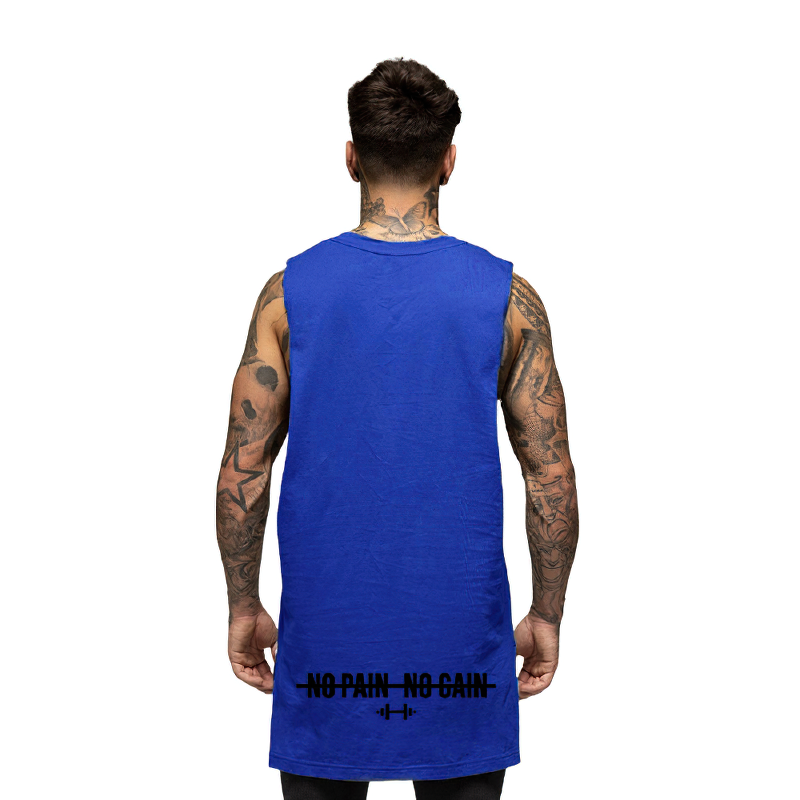 Men's sleeveless blue tank top with 'No Pain No Gain' slogan, perfect for bodybuilding and sports activities.