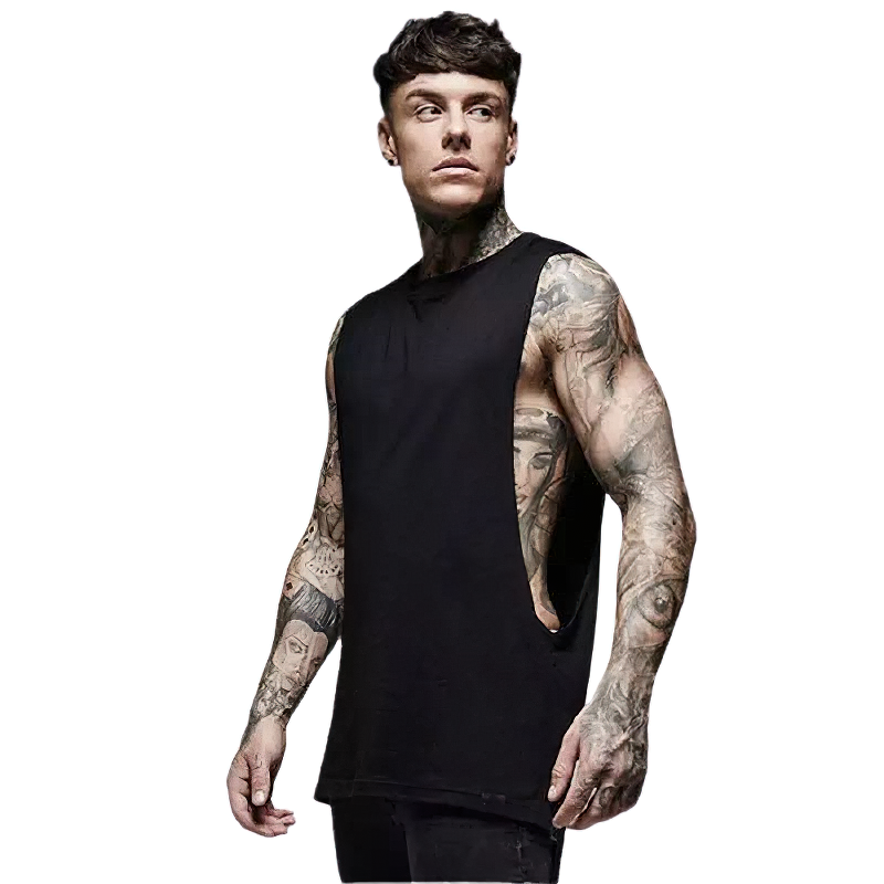 Stylish men's sleeveless tank top for gym workouts, showcasing breathable fabric and sporty design.