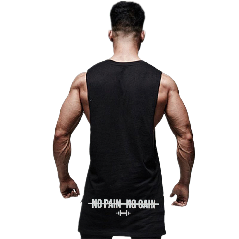 Men's sleeveless tank top with 'No Pain No Gain' slogan, ideal for workouts and bodybuilding.