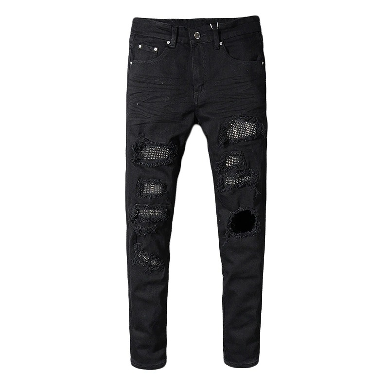 Men's Slim Ripped Jeans With Rhinestones / Fashion Black Stretch Denim Pants - HARD'N'HEAVY