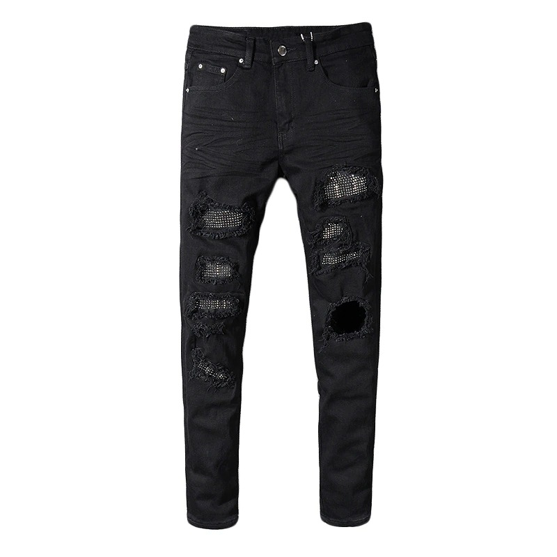 Men's slim ripped black denim jeans with rhinestones, perfect for punk style outfits and versatile for any season.
