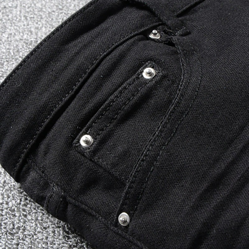 Men's Slim Ripped Jeans With Rhinestones / Fashion Black Stretch Denim Pants - HARD'N'HEAVY