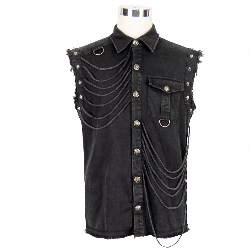 Men's Slim Sleeveless Shirt with Decorative Buttons / Gothic Style Rivets Black Shirt - HARD'N'HEAVY