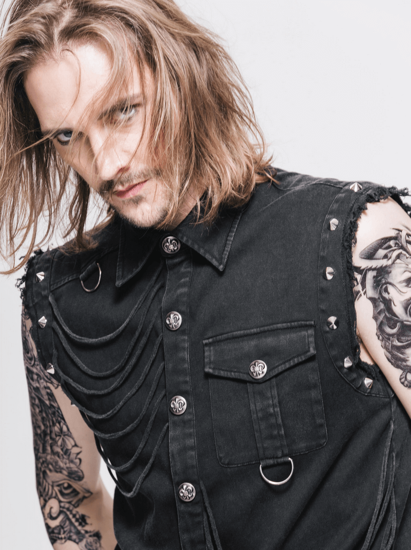 Men's Slim Sleeveless Shirt with Decorative Buttons / Gothic Style Rivets Black Shirt - HARD'N'HEAVY