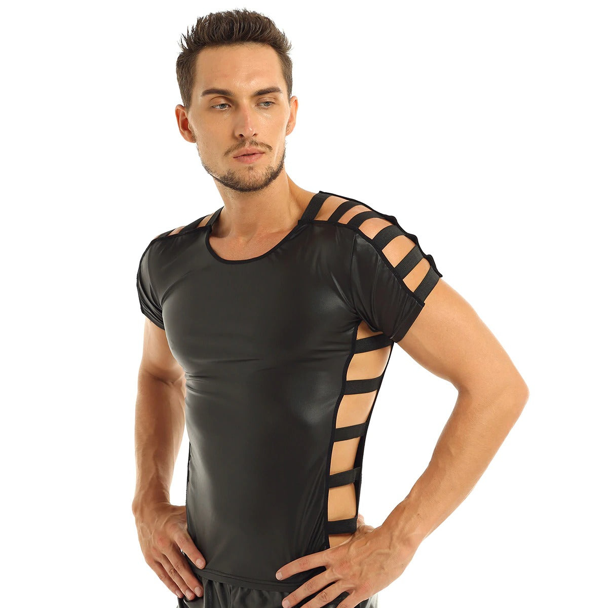 Men's Soft Faux Leather Night Clubwear Costume / Cut Out Elastic Band Fashion Pullover T-shirt Tops - HARD'N'HEAVY