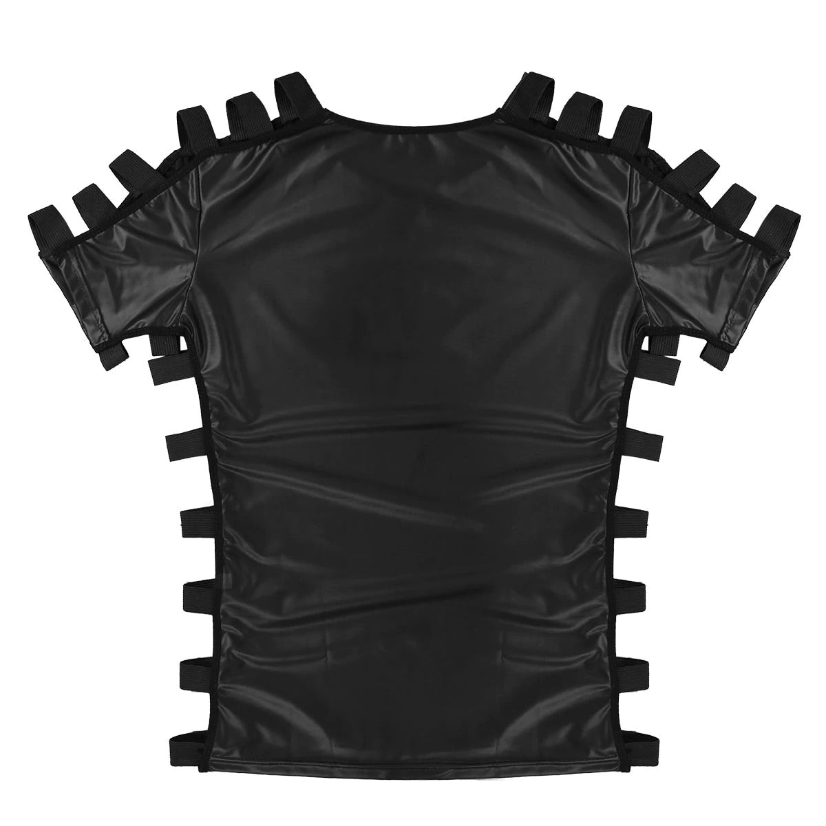 Men's black faux leather T-shirt with cutout elastic band design, perfect for clubwear and rock-inspired outfits.