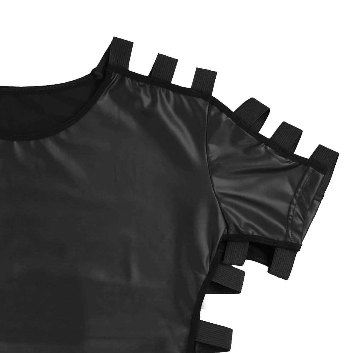 Close-up of men's soft faux leather T-shirt with cut-out elastic band design, perfect for clubwear and trendy looks.