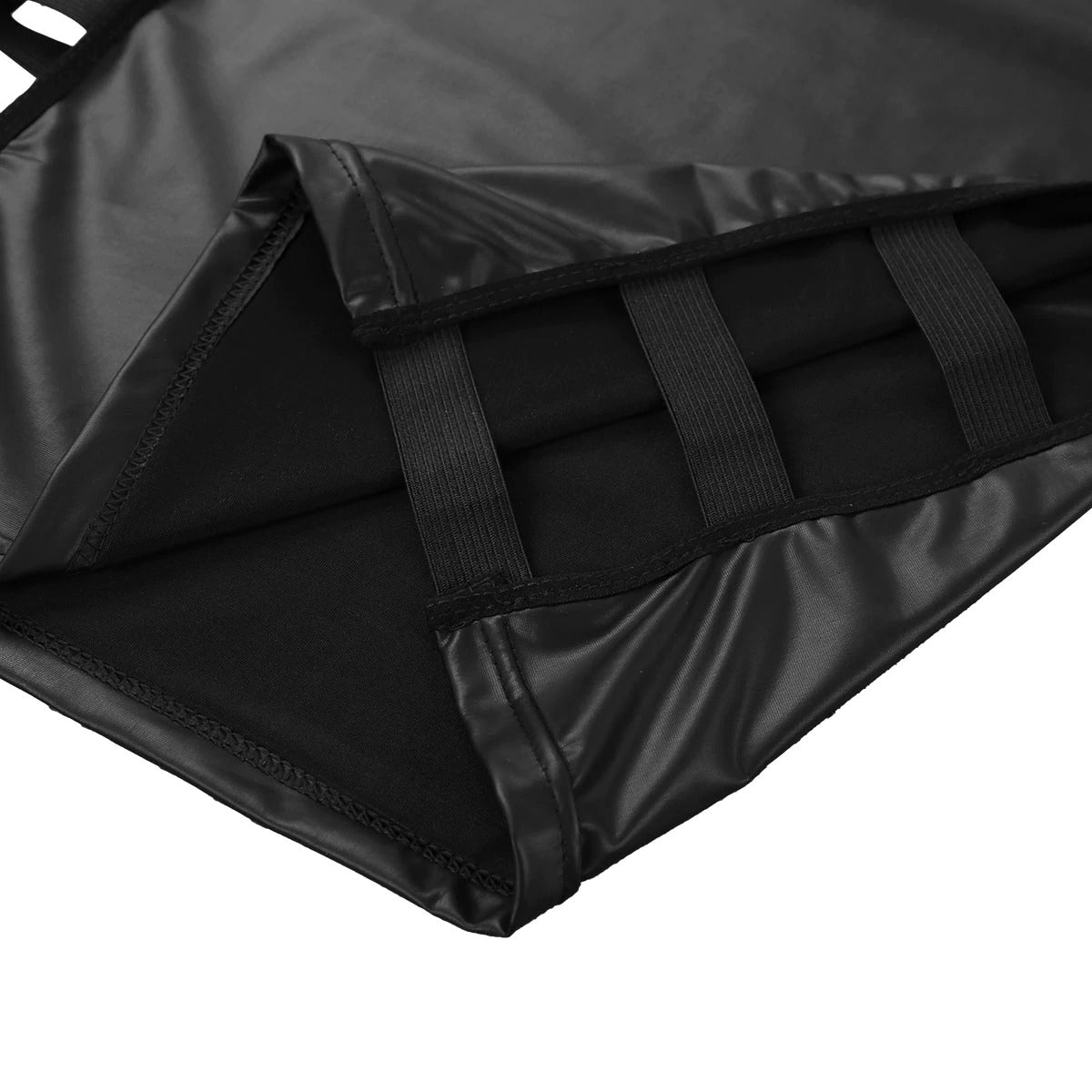 Close-up of soft faux leather pullover T-shirt revealing elastic band and inner lining for clubwear style.