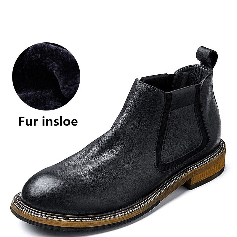 Men's soft leather ankle boot with fur insole, stylish round toe, perfect for casual fashion and comfort.