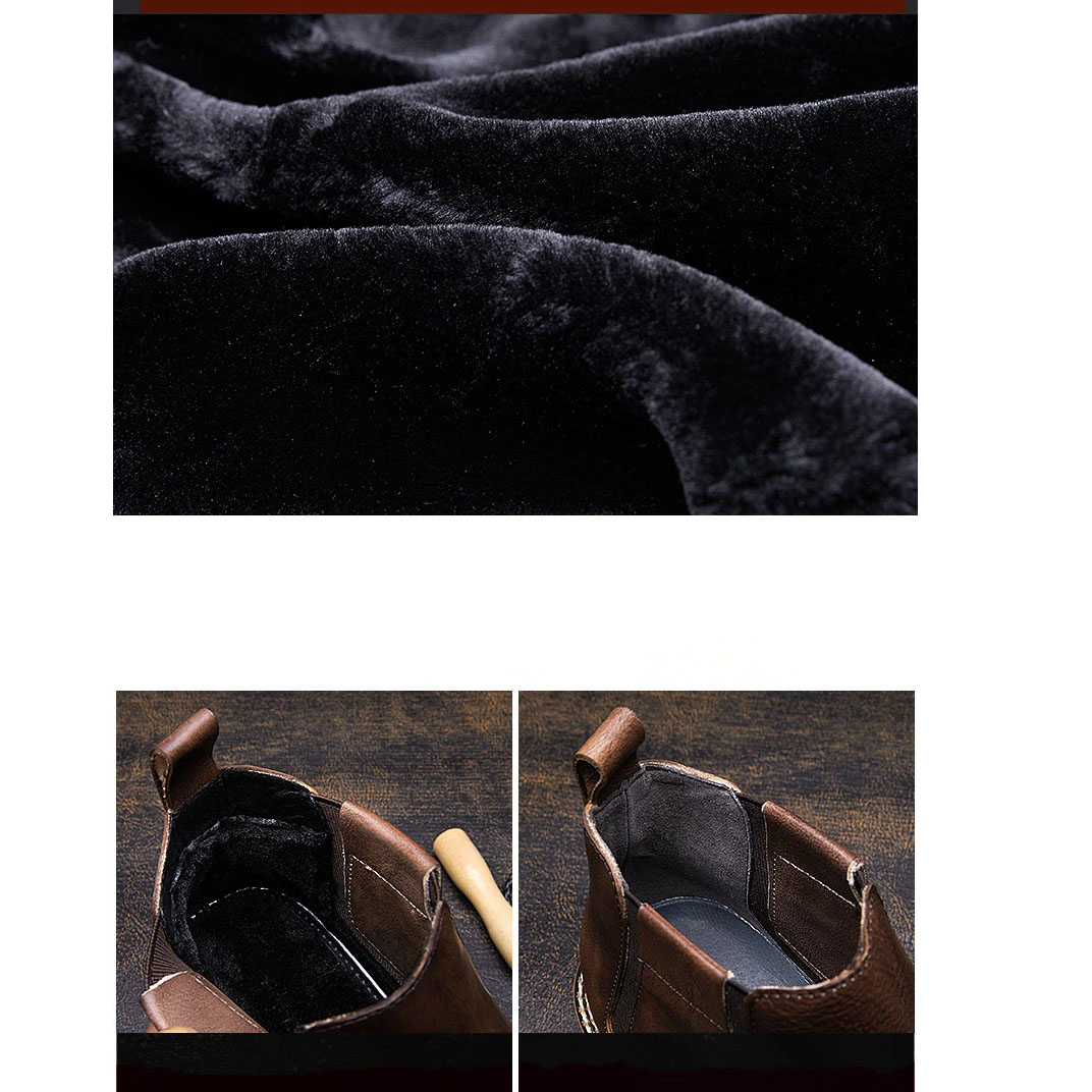 Close-up of soft fur lining and interior design of men's leather ankle boots in brown and black color.