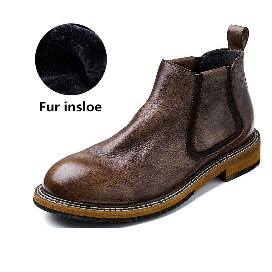 Men's brown leather ankle boots with fur insloe, featuring a modern casual design and round toe.