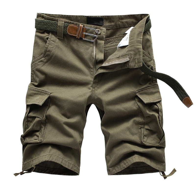 Men's solid cargo shorts in olive green, featuring pockets and an elastic waistband for comfort and style.