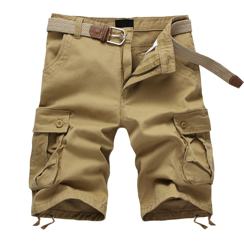 Men's solid khaki cargo shorts with multiple pockets and a comfortable elastic waistband, perfect for summer wear.
