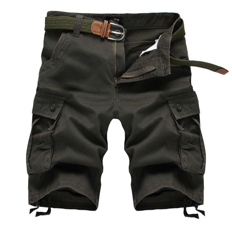 Men's solid cargo shorts in dark green with multiple pockets and an elastic waist for casual summer style.