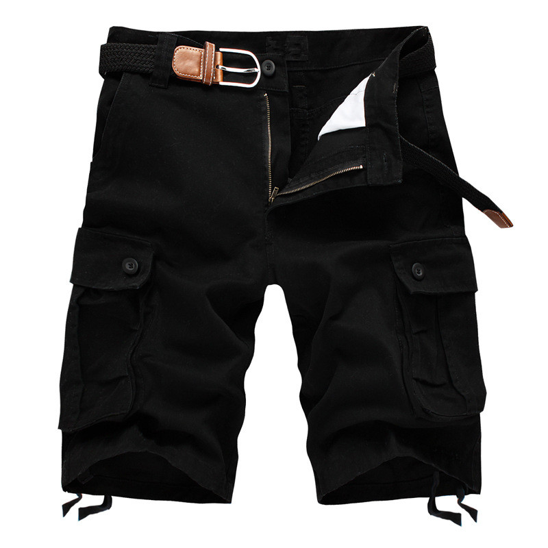 Men's solid black cargo shorts with multiple pockets and a stylish belt, perfect for casual summer outings.