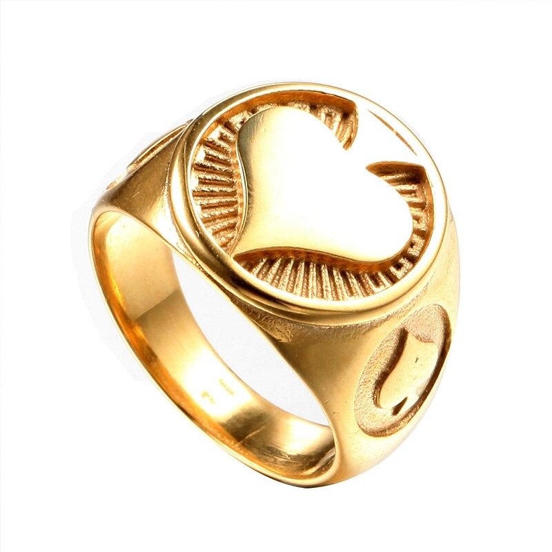 Men's vintage gold ring featuring a heart design; perfect for adding a bold touch to any outfit.