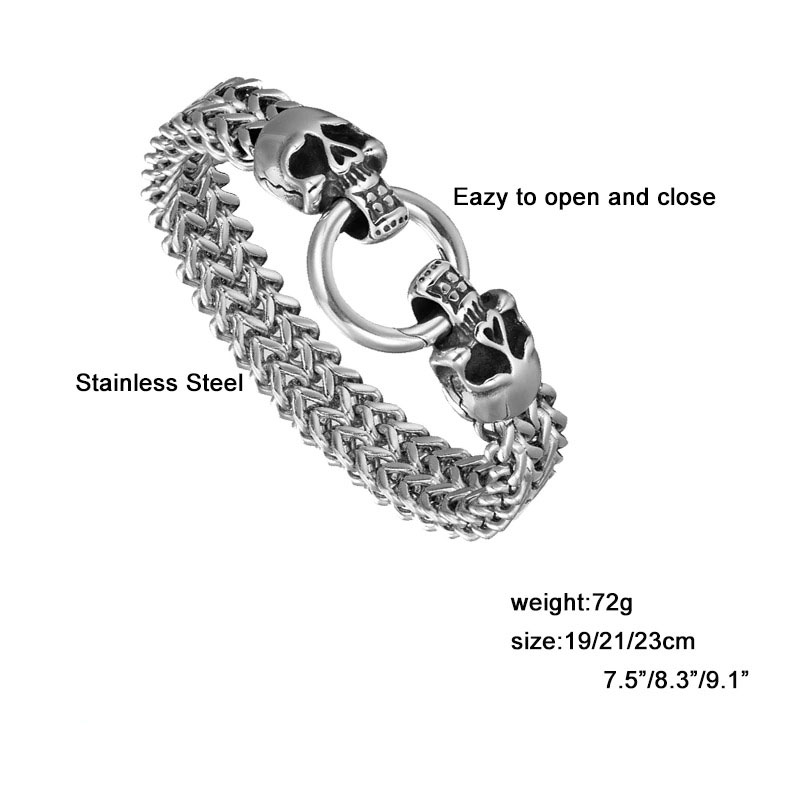 Men's stainless steel skull bracelet featuring a unique skull lock, stylish punk jewelry for fashion-forward men.