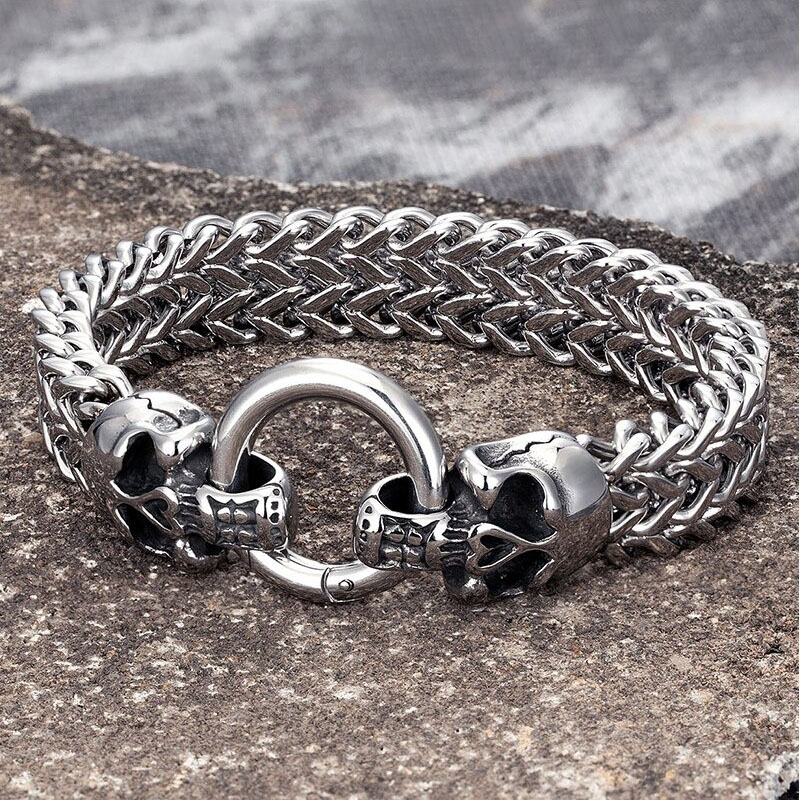 Men's stainless steel skull bracelet with a unique lock, perfect for punk fashion and vintage style accessories.