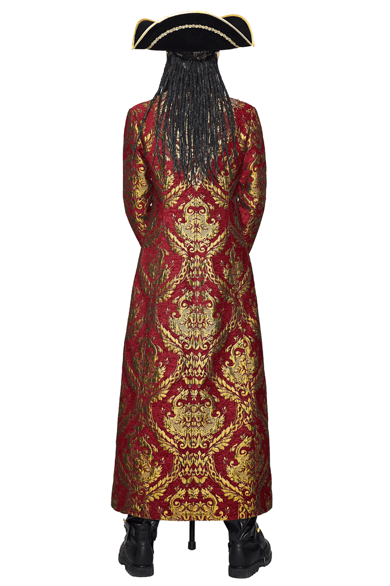 Back view of a men's steampunk gothic coat in red and gold with pirate hat, perfect for cosplay and themed events.