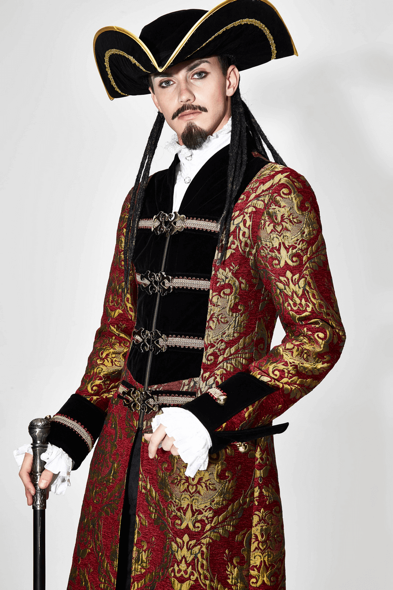 Men's Steampunk Gothic coat in red and gold, perfect for cosplay and themed events, featuring ornate details.