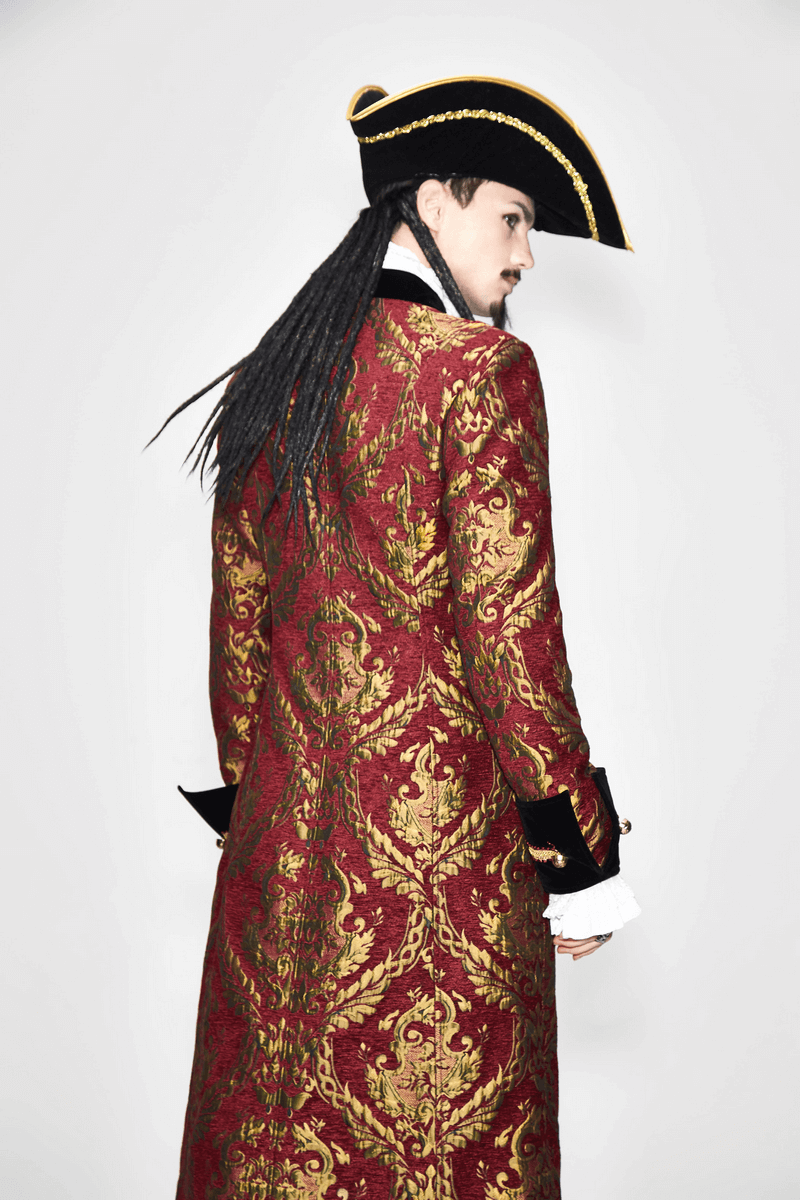 Men's Gothic Steampunk long coat in rich red and gold design, paired with a vintage pirate hat.
