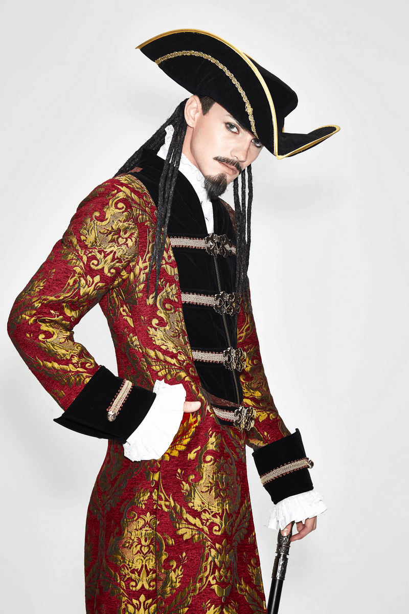Men's Gothic Steampunk long coat in red and gold with pirate hat, perfect for cosplay and themed events.