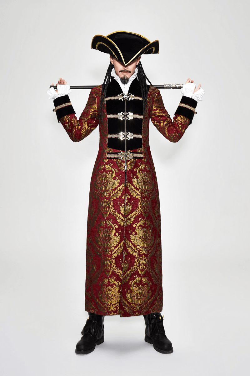 Men's Gothic Steampunk long coat in red and gold, styled with a pirate hat and sword.