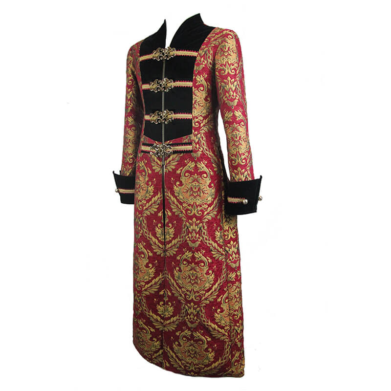 Men's Steampunk Gothic coat in red and gold with intricate embroidery, perfect for cosplay or themed events.