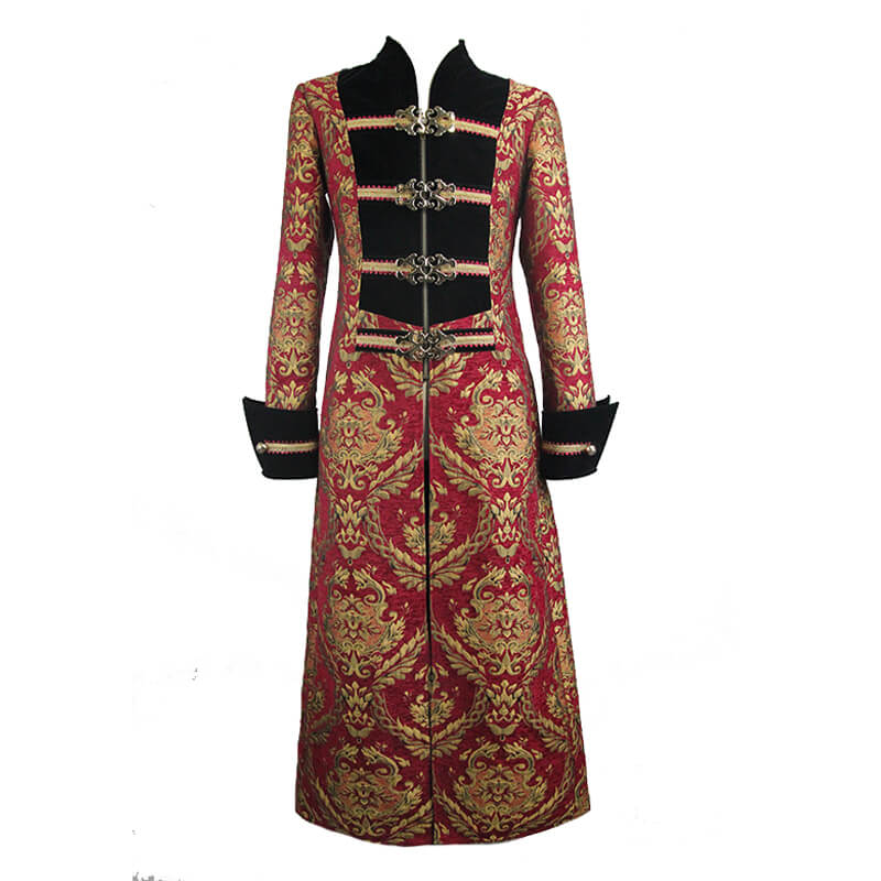 Men's Gothic Steampunk Long Coat in red and gold, perfect for cosplay and themed events.