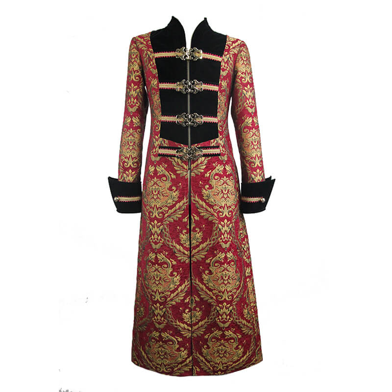 Men's Steampunk Gothic Embroidery Long Coat / Retro Red and Gold Pirate Overcoat - HARD'N'HEAVY