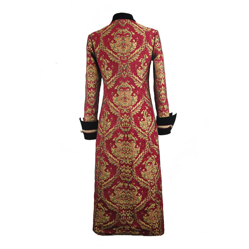 Men's Steampunk Gothic Long Coat with striking red and gold embroidery, perfect for themed events and cosplay.