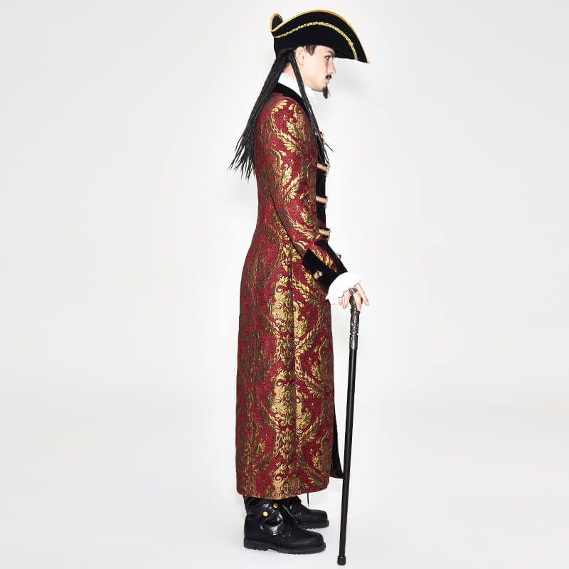 Men's Steampunk Gothic coat in red and gold, styled with a pirate hat and cane, perfect for cosplay.