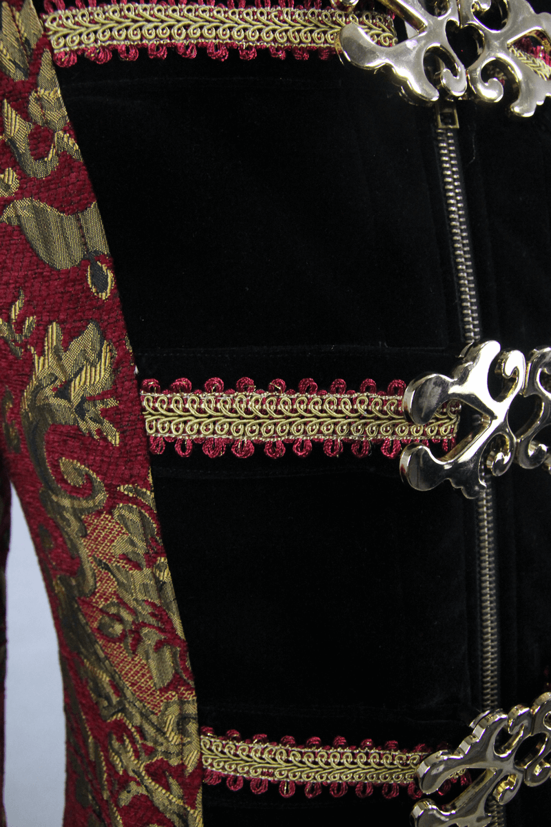 Close-up of Men's Steampunk Gothic coat featuring intricate red and gold embroidery with stylish silver fastenings.