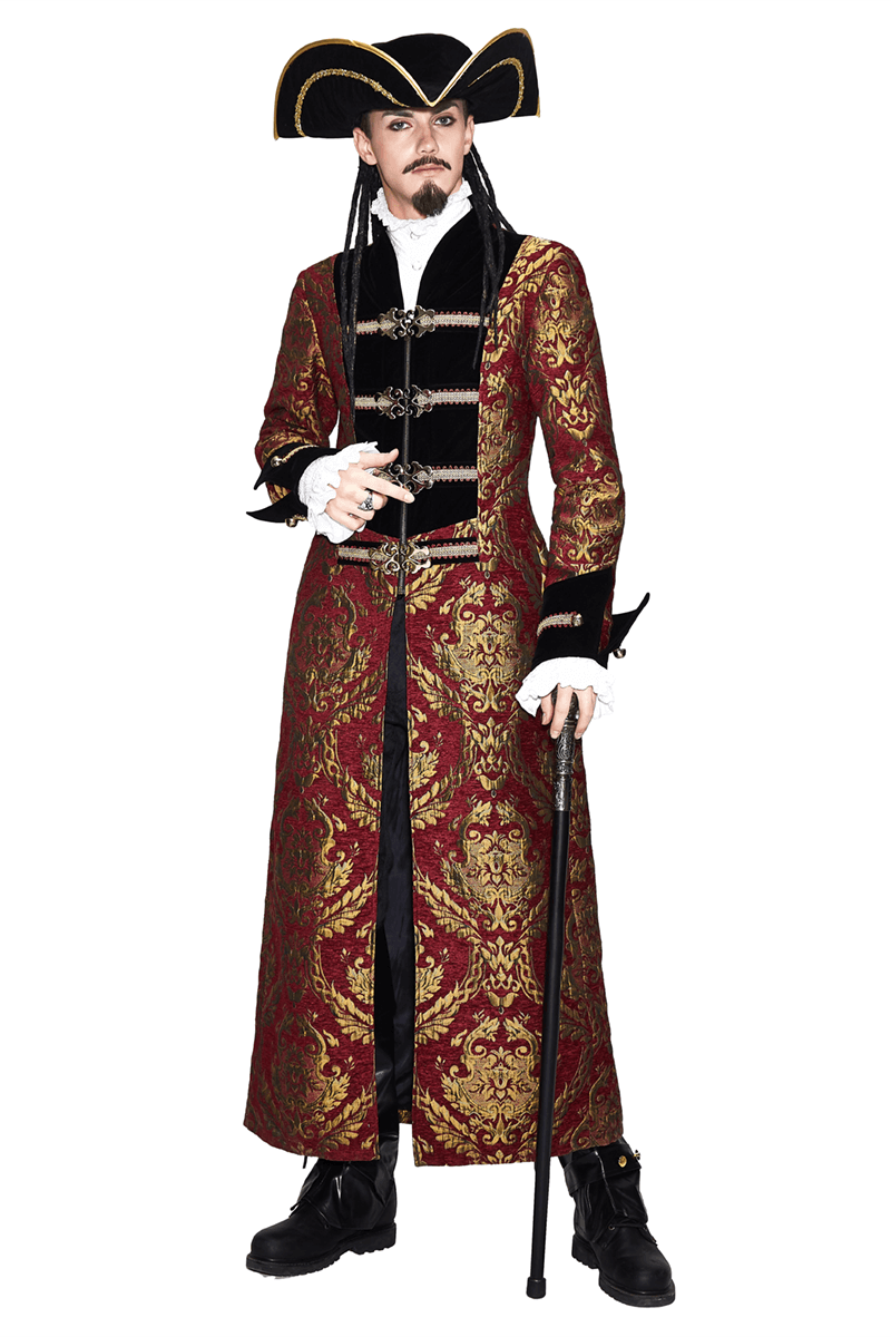 Men's steampunk gothic long coat in red and gold, featuring intricate patterns and pirate-inspired design.