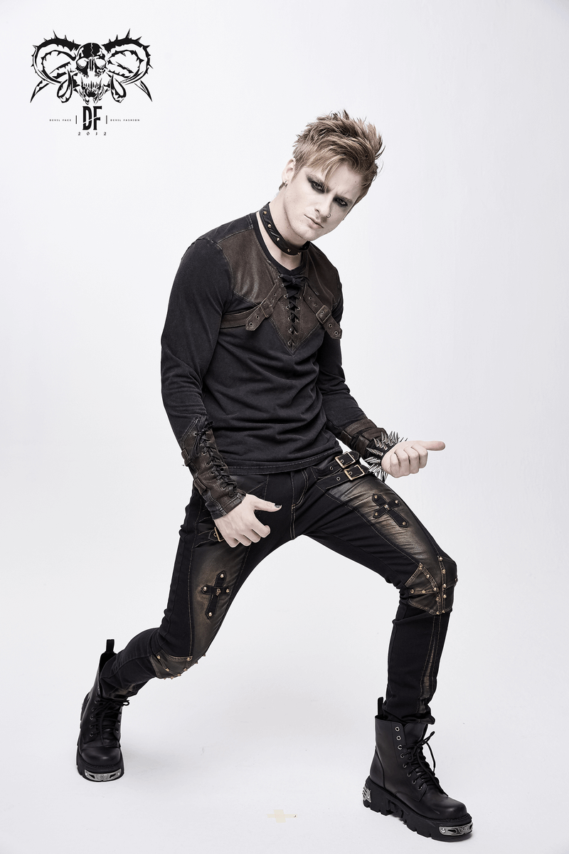 Men's Studded Tight Pants with Dual Buckle Straps / Gothic Style Trousers with Pockets - HARD'N'HEAVY